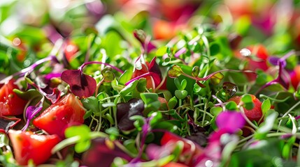 Obraz premium A close-up view of a vibrant salad featuring an assortment of microgreens in various colors, including green, red, and purple. Generative AI