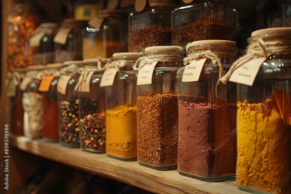 Poster close-up shot of a wooden shelf filled with glass jars of spices, each labeled with the spice name. 
