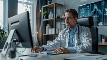Fototapeta premium Doctor Conducts Virtual Consultation in Modern Office