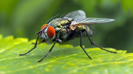 Fototapeta premium Close-up of a housefly on a green leaf, macro photography. Insect and nature concept