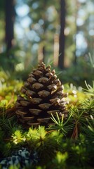 Fototapeta premium Close-up of a pine cone on forest floor with blurred background, nature detail. Woodland ecosystem and natural growth concept