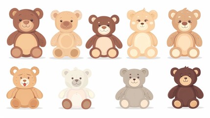 Obraz premium Cute cartoon bear doll set for babies and children. Fluffy soft stuffed toys. Little teddy bears vector illustrations in trendy style isolated on white background. Beige and brown colors.