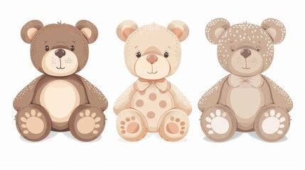 Cute cartoon bear doll set for babies and children. Fluffy soft stuffed toys. Little teddy bears vector illustrations in trendy style isolated on white background. Beige and brown colors.