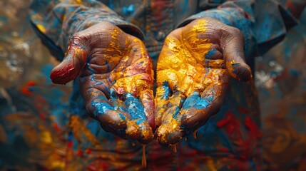 The painter's hands are stained with splashes of paint, a colorful testament to his dedication to his craft