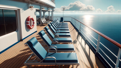 Fototapeta premium Serene cruise ship deck with blue lounge chairs