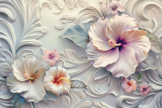 3d wallpaper with beautiful flowers, leaves and swirls. Floral background for wall decoration in the living room or bedroom