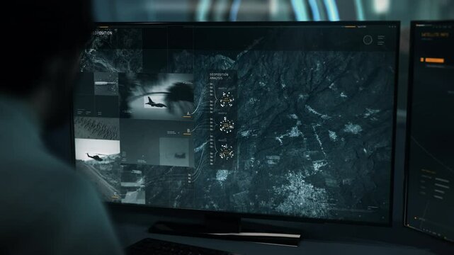 Spy technology is tracking location of enemy army base. Spy tracking technology is examining area of military operation. Modern spy technology has tracked location of enemy air base. Interface