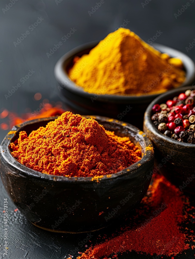 Aufkleber A close-up view of colorful spices in small bowls arranged on a black background. Generative AI