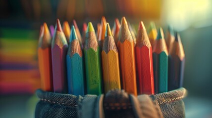 A close-up shot of a group of colorful wooden pencils in a canvas case. The pencils are arranged in a row, and the light is shining on them from the right