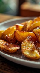 Roasted potato wedges with sea salt on a white plate, close-up food photography. Comfort food and homemade snack concept