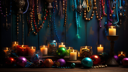 Candles and beads arranged on a wooden table with a lit candle.