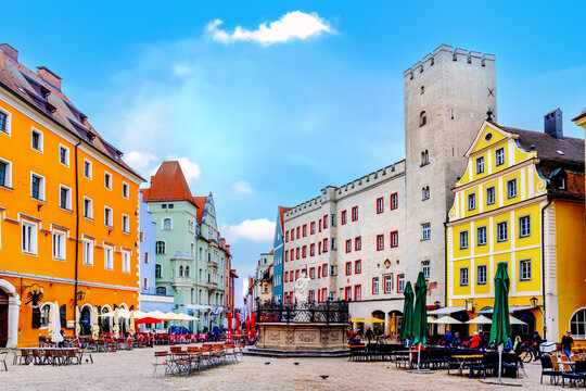Historic buildings on Haidplatz in Rengensburg, Bavaria, Germany