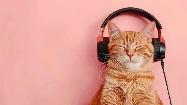 Ginger cat in headphones on pink background space to copy or enjoy music with eyes shut