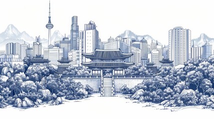 Line art vector illustration of Seoul skyline