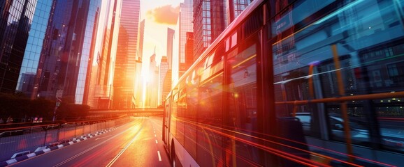 Fototapeta premium Bus Journey Through A Vibrant Urban Landscape With Skyscrapers