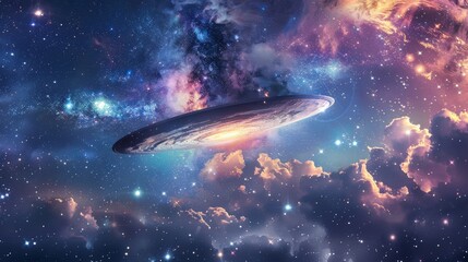 Obraz premium Majestic UFO hovering over a vibrant galaxy with sparkling stars illuminating the sky,