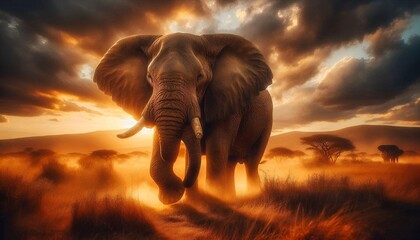 Obraz premium Majestic African Elephant in Savannah. Detailed Wrinkles, Strong Presence.