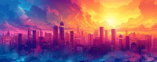 Pop art retro vector illustration of a city skyline