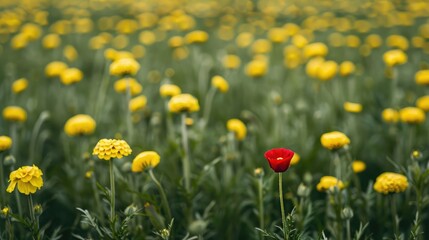 Obraz premium A single red flower in a field of yellow flowers, symbolizing the beauty of being different