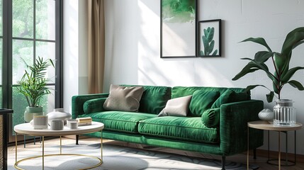 Modern Living Room with Green Velvet Sofa