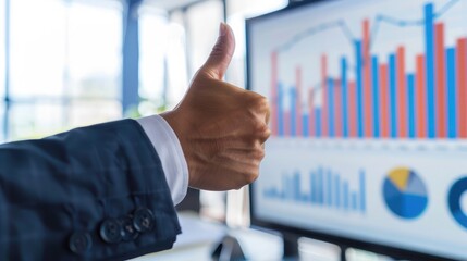 Business leader giving a thumbs-up in front of a presentation screen displaying positive growth charts and graphs