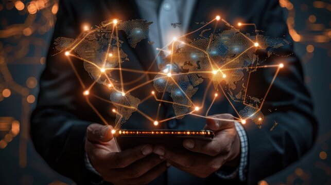 Businessman holding a smartphone with a glowing world map and network lines, representing global internet connectivity