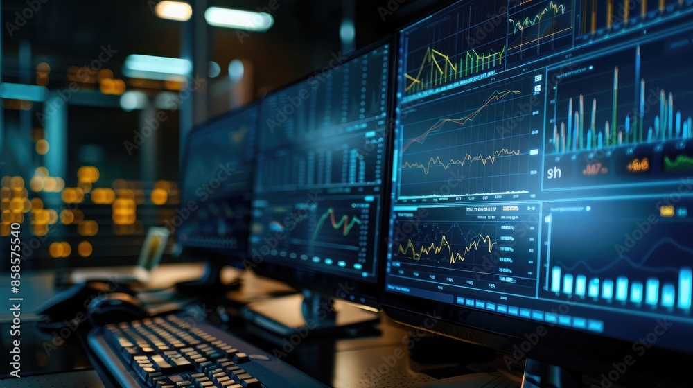 Poster close-up of a computer monitor showing financial analytics dashboard and performance metrics