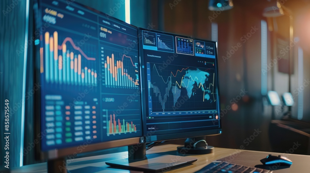 Poster close-up of a computer monitor showing financial analytics dashboard and performance metrics