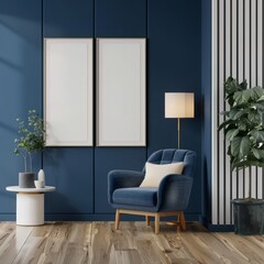 Poster mockup with vertical frames on empty dark blue wall in living room interior with blue velvet armchair