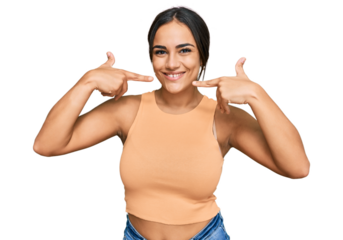 Young brunette woman wearing casual clothes smiling cheerful showing and pointing with fingers teeth and mouth. dental health concept.