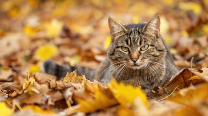 An upset cat on autumn leaves with space for text