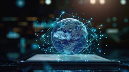 Digital globe with interconnected lines and icons floating above a tablet, showcasing global connectivity through internet technology