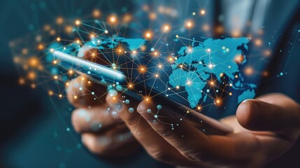 Hand holding a smartphone with a virtual network connecting different parts of the world, emphasizing global information exchange