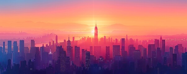 Obraz premium Vector art of a city skyline at sunrise with breathtaking colors,