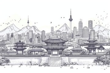 Seoul city skyline line art vector illustration highlighting historic