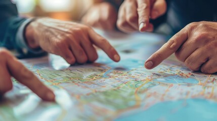 Hands of business people pointing at strategic elements on a printed map, indicating a collaborative planning session