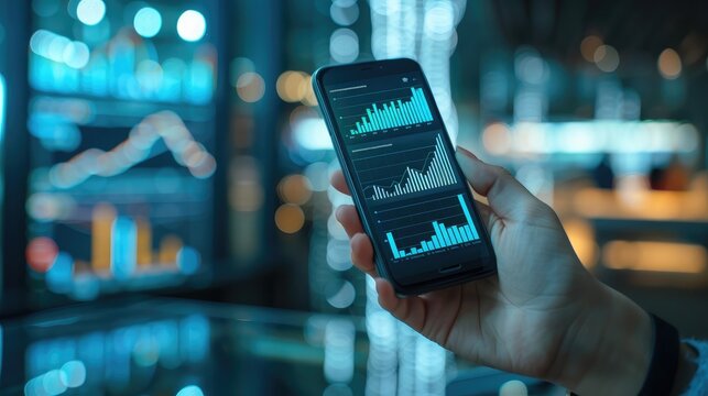Hand holding a smartphone displaying financial data analytics graphs, with blurred office background