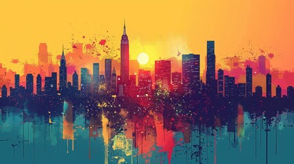 Obraz premium Vector art of a city skyline in retro pop art style with striking colors