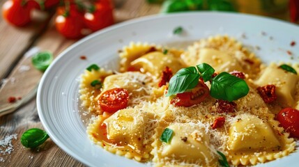 Italian Cuisine Ravioli Pasta with Sun Dried Tomatoes and Cheese