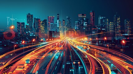 Fototapeta premium Vector art of a city skyline with modern transportation infrastructure,