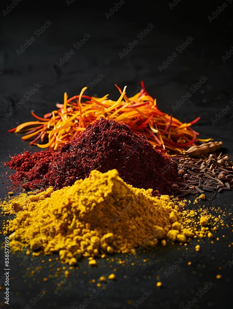 Poster a close-up view of colorful saffron threads, curry powder, and annatto seeds arranged on a black bac