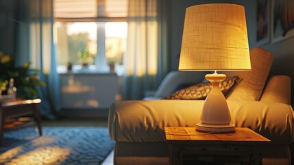 Side view of a walking lamp brightening a cozy living room, casting soft shadows on the furniture