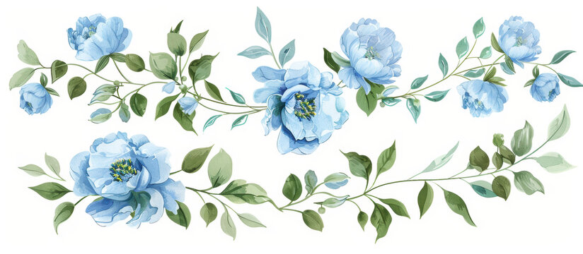 Seamless border of watercolor blue peonies and green leaves