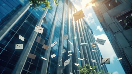 Side view of envelopes falling in front of a modern office building, capturing the essence of mail and communication