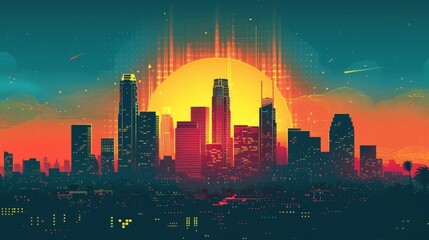 Vector illustration of a city skyline in pop art retro style
