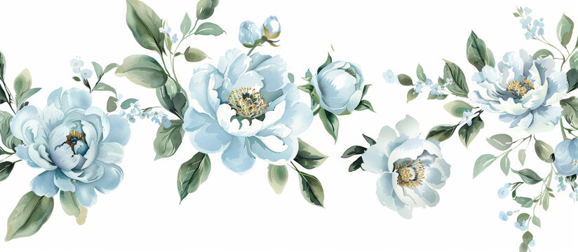 Seamless border of watercolor blue peonies and green leaves
