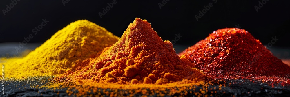 Poster A close-up shot of colorful spices arranged in small piles on a black surface. Generative AI