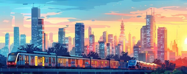 Fototapeta premium Vector illustration of a city skyline with advanced transportation