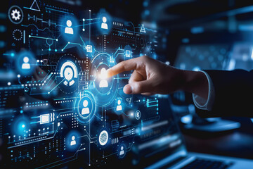 Fototapeta premium Businessman using computer tablet with digital hologram of futuristic data technology network and social media icons on virtual screen.