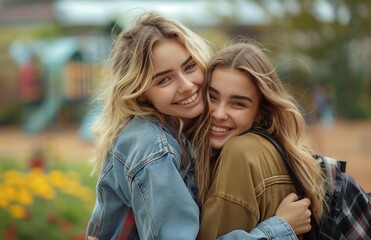 Naklejka premium Two young women share an affectionate hug and kiss in a peaceful park setting